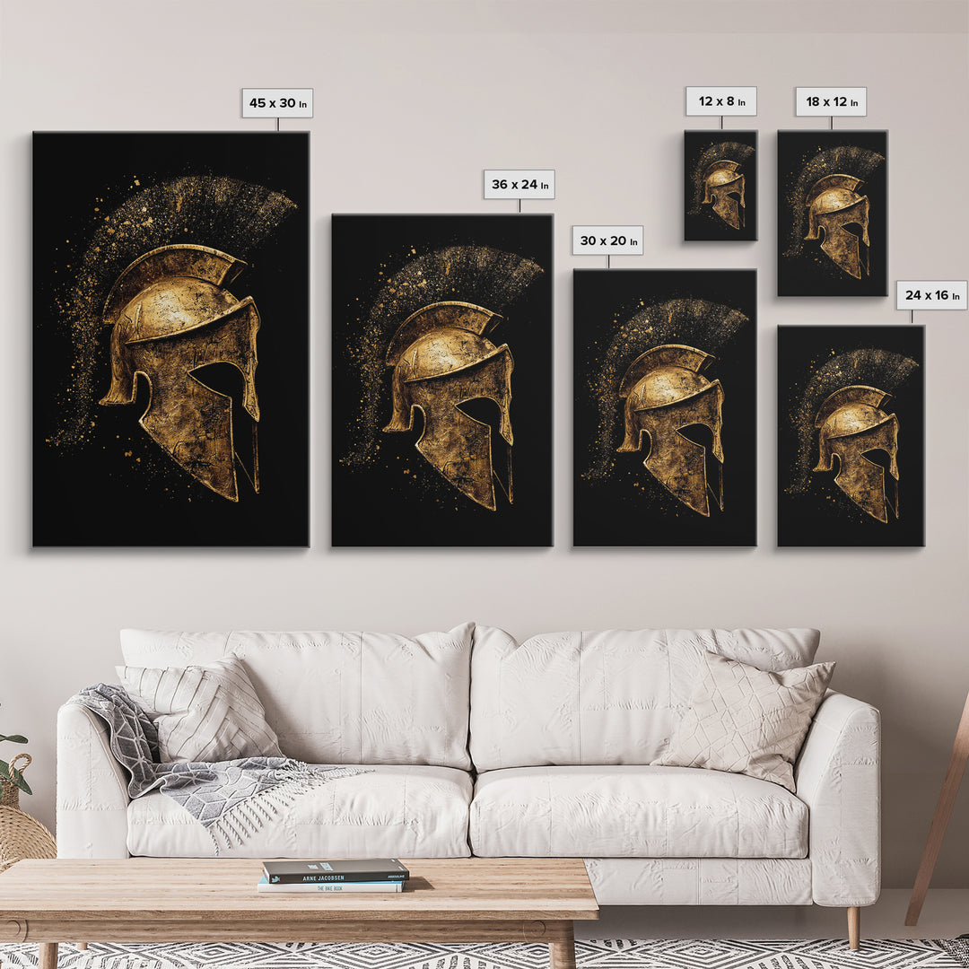 Greek Warrior Helmet Canvas Gold Canvas Print – Ancient Sparta Wall Art with Real Wood Frame – Bold Historical Home Decor