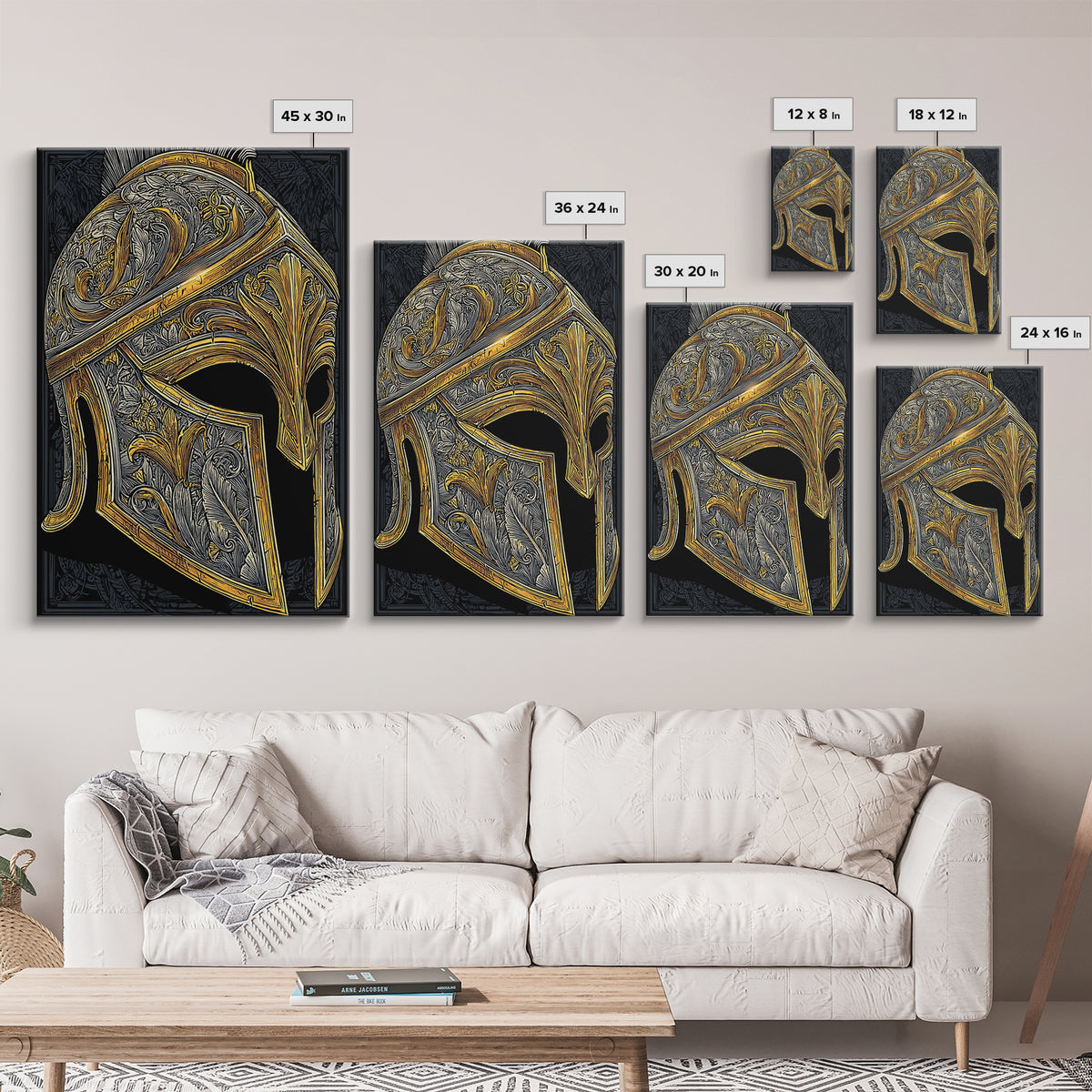 Ornate Spartan Helmet Canvas Gold Art – Intricate Ancient Warrior Wall Print on Canvas with Real Wood Frame – Greek Decor