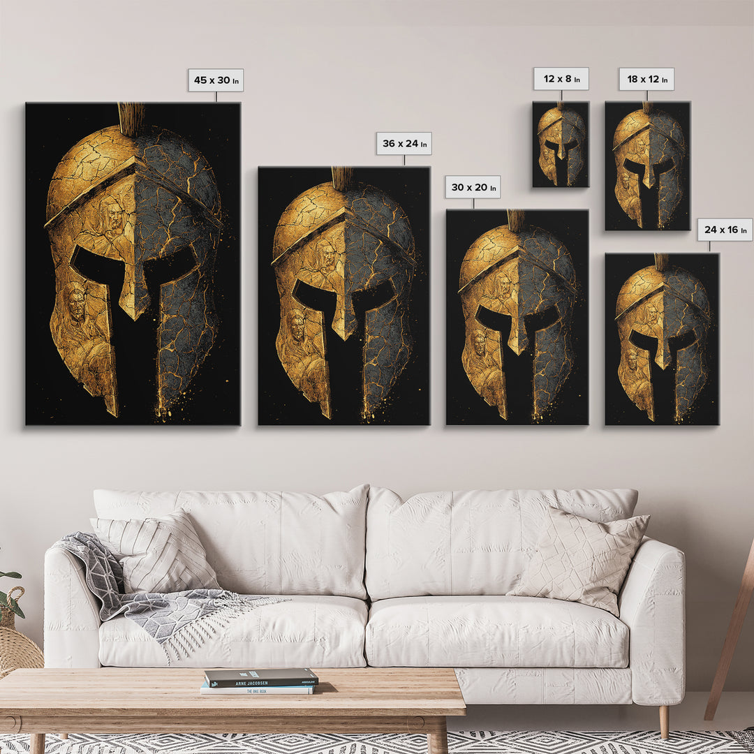 Cracked Warrior Helmet Canvas Gold Art – Ancient Greek Sparta Wall Canvas Print with Real Wood Frame – Bold Home Decor