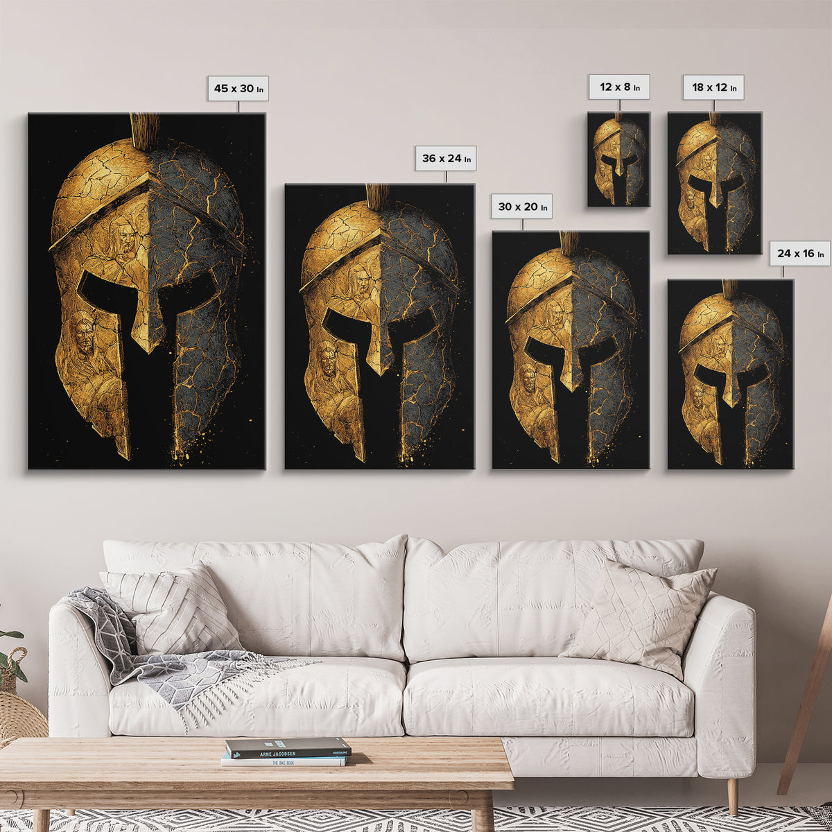 Cracked Warrior Helmet Canvas Gold Art – Ancient Greek Sparta Wall Canvas Print with Real Wood Frame – Bold Home Decor