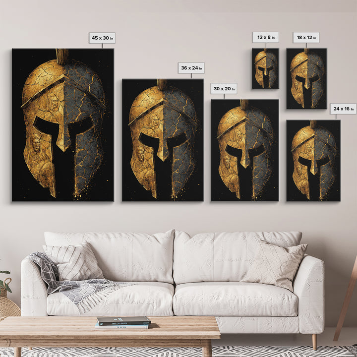 Cracked Warrior Helmet Canvas Gold Art – Ancient Greek Sparta Wall Canvas Print with Real Wood Frame – Bold Home Decor