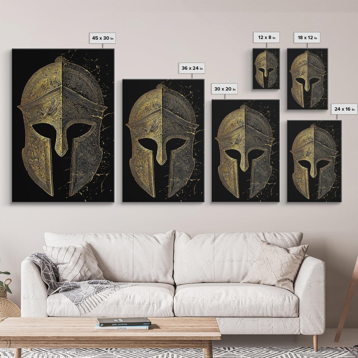 Historic Greek Helmet Canvas Gold Art – Ancient Battle Warrior Wall Canvas Print with Real Wood Frame – Museum Quality Decor
