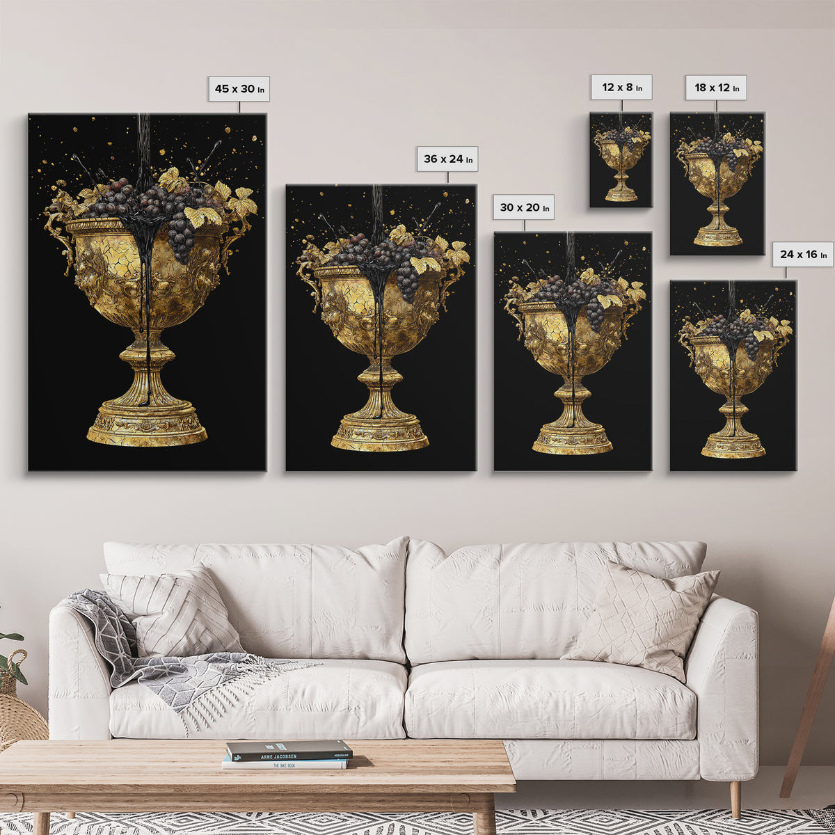 Luxurious Golden Chalice Canvas Gold Canvas Print – Grapes & Wine Still Life Wall Art with Real Wood Frame – Elegant Kitchen Decor