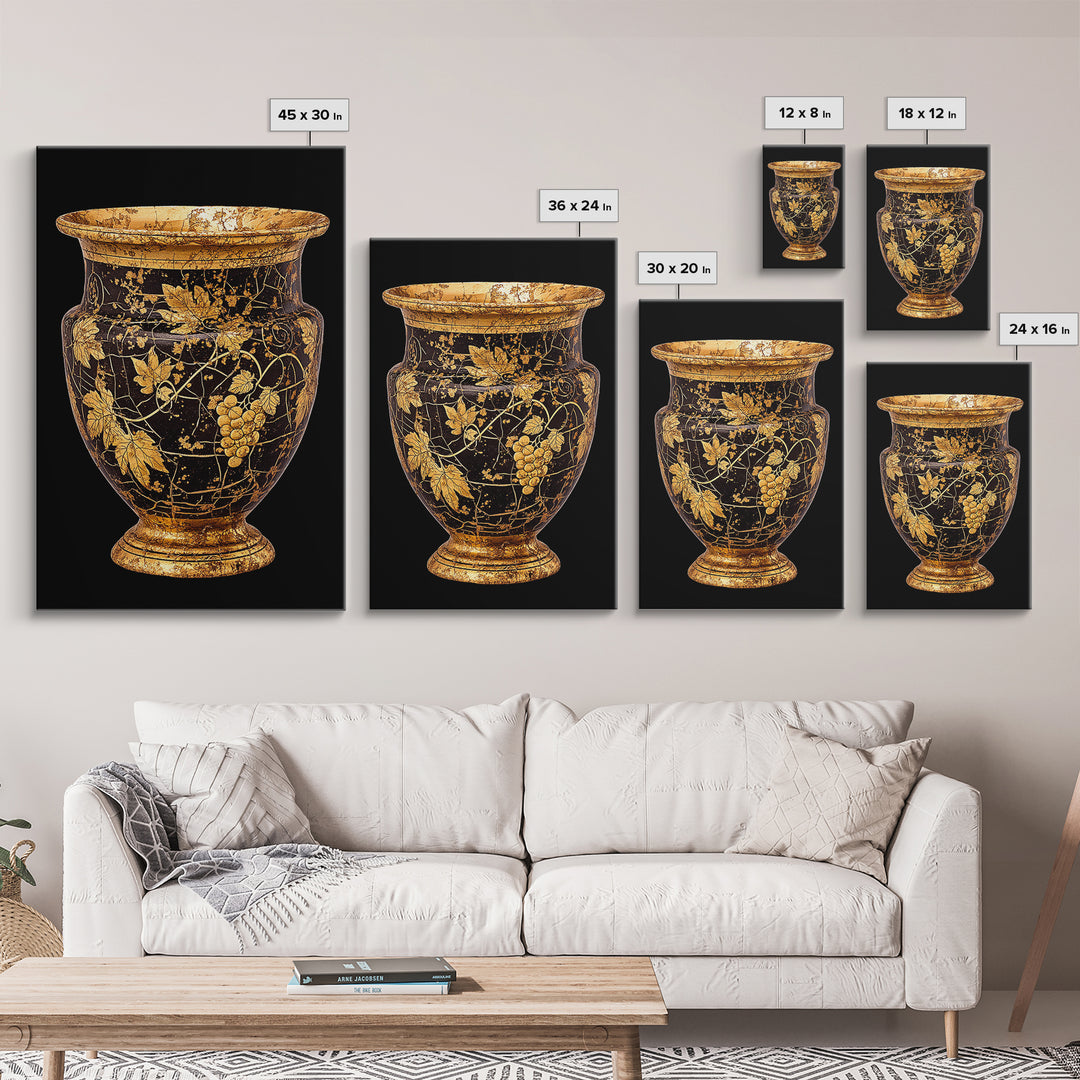 Black & Gold Grape Vase Canvas Gold Canvas Print – Elegant Vine & Wine Themed Wall Art with Real Wood Frame – Modern Classic Decor