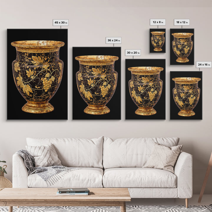 Black & Gold Grape Vase Canvas Gold Canvas Print – Elegant Vine & Wine Themed Wall Art with Real Wood Frame – Modern Classic Decor