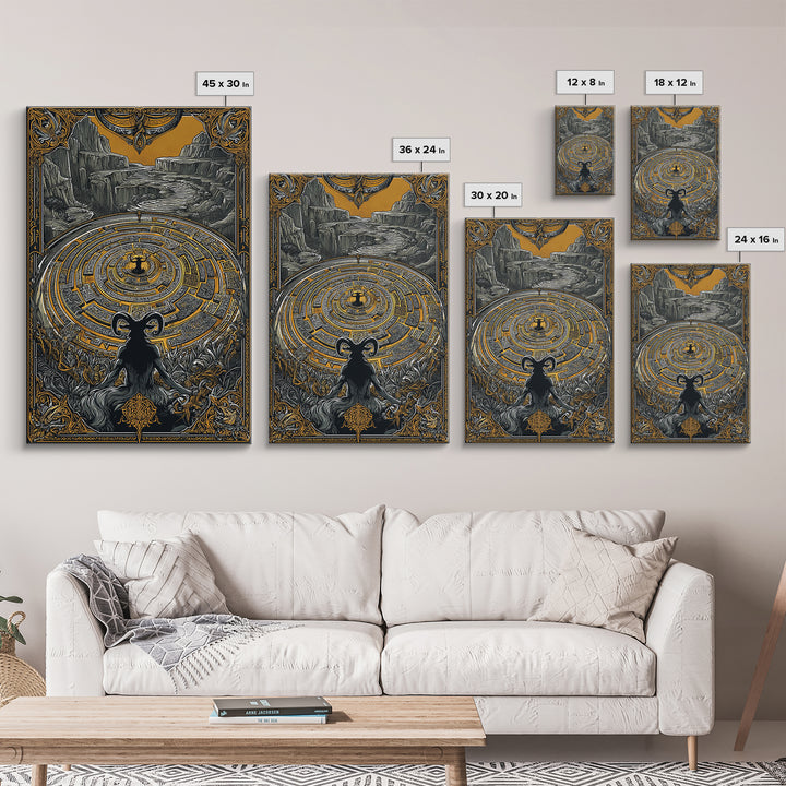 Labyrinth Minotaur Fantasy Scene Canvas Gold Canvas Print with Real Wood Frame – Mythology Inspired Wall Art