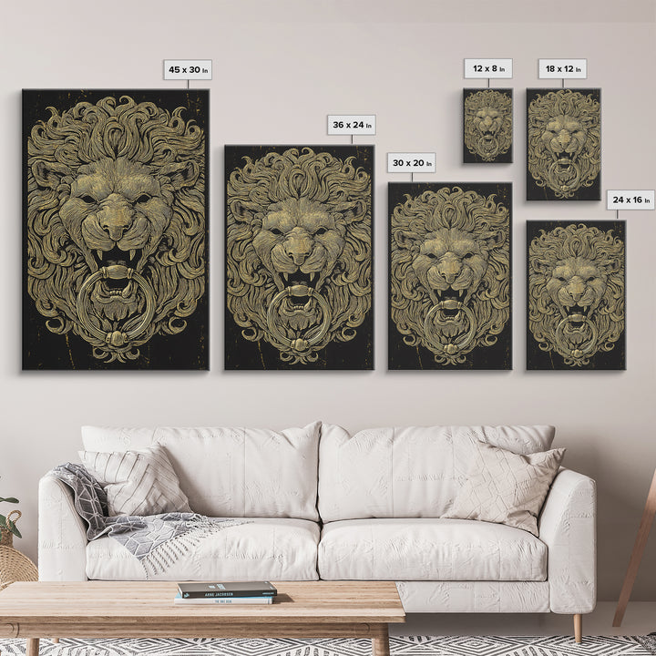 Vintage Lion Head Door Knocker Canvas Gold Canvas Print with Real Wood Frame – Bold Statement Wall Art