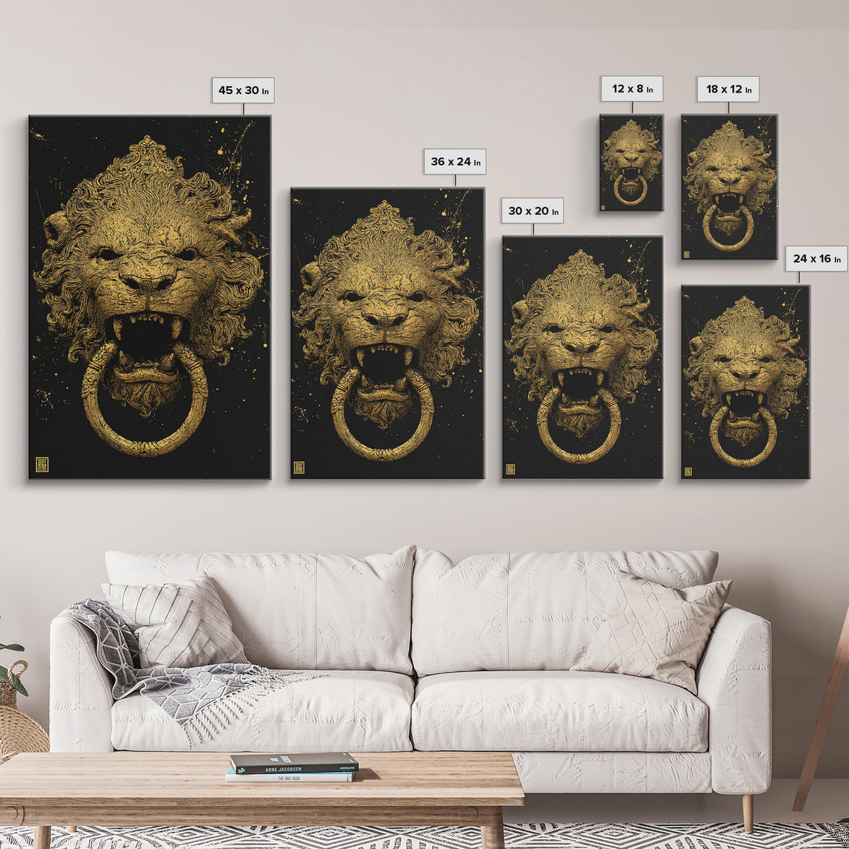 Aged Lion Door Knocker Canvas Gold Art Print with Real Wood Frame – Rustic Antique-Inspired Home Wall Art