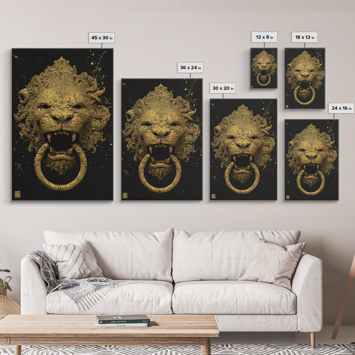 Aged Lion Door Knocker Canvas Gold Art Print with Real Wood Frame – Rustic Antique-Inspired Home Wall Art