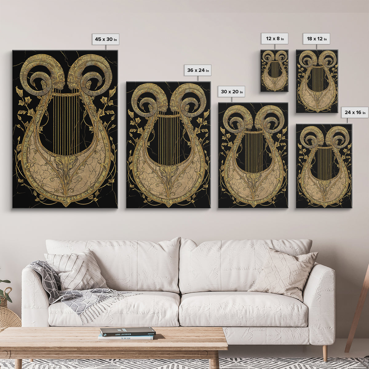 Ancient Ram Horn Lyre Canvas Gold Art Print with Real Wood Frame – Classical Mythology Inspired Wall Art