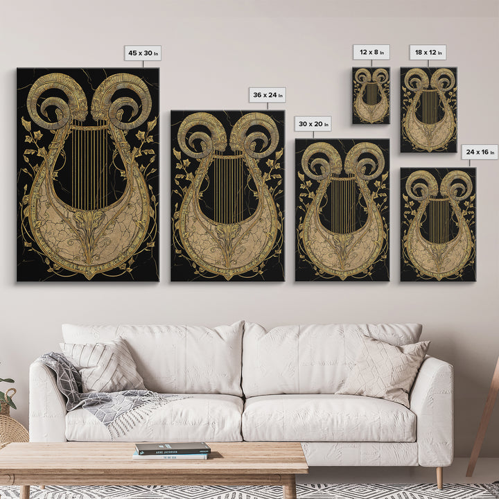 Ancient Ram Horn Lyre Canvas Gold Art Print with Real Wood Frame – Classical Mythology Inspired Wall Art