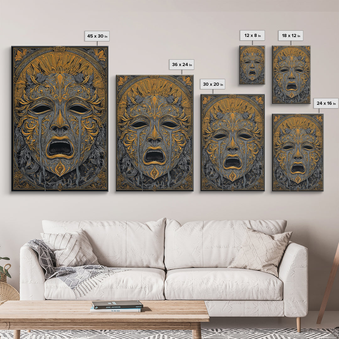 Crying Ornate Mask Canvas Gold Canvas Print with Real Wood Frame – Dramatic Theatrical Inspired Wall Art