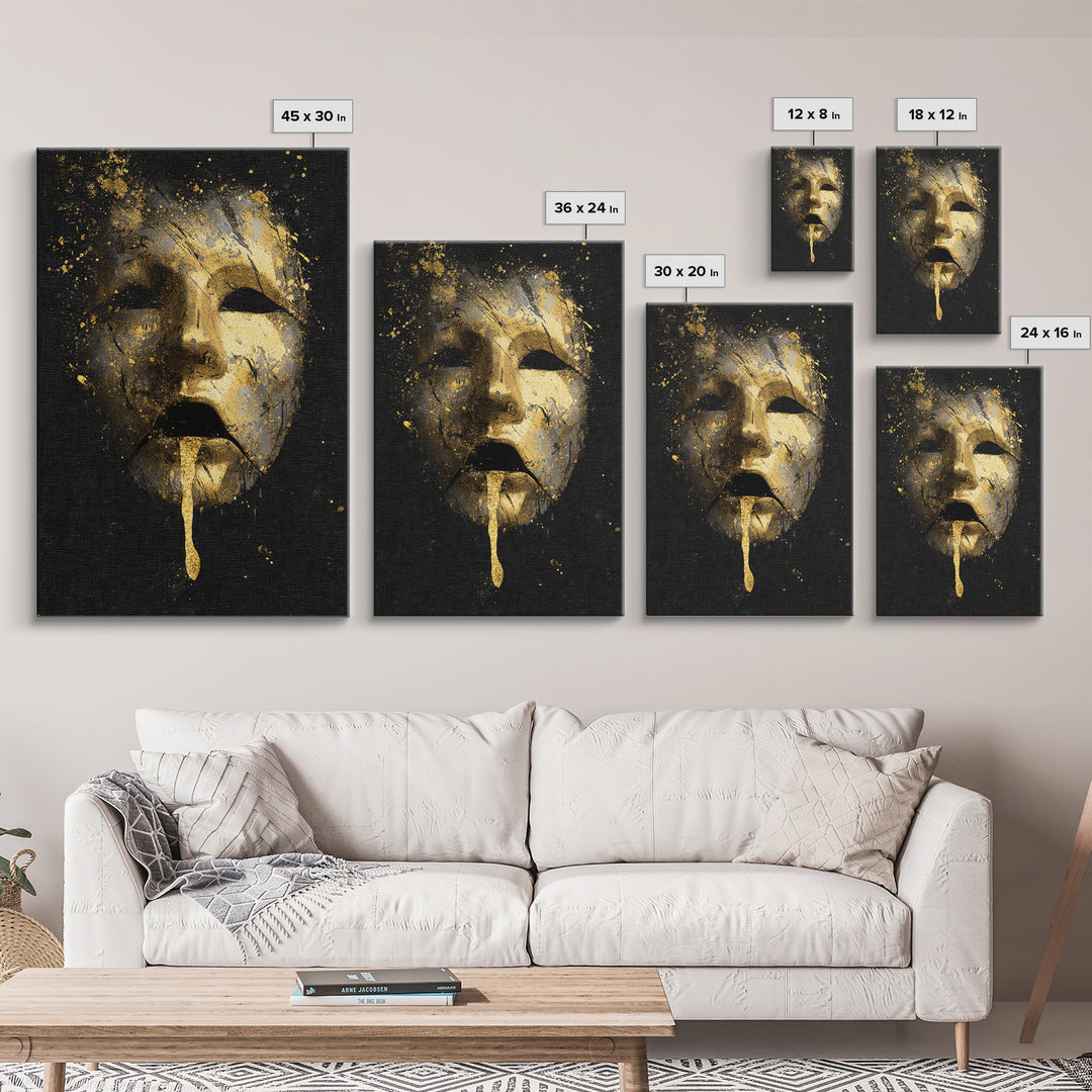 Abstract Gold-Drip Mask Canvas Gold Art Print with Real Wood Frame – Modern Surreal Face Wall Decor