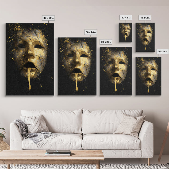 Abstract Gold-Drip Mask Canvas Gold Art Print with Real Wood Frame – Modern Surreal Face Wall Decor