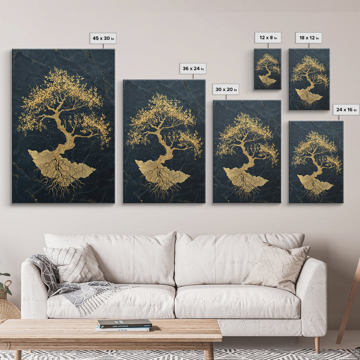 The Gilded Bonsai – Roots Anchored in Stone and Time, Canvas Art, Canvas Gold Print, Canvas Wall Art, Man Cave Decor