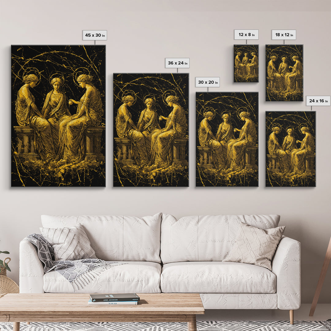 The Three Graces – Canvas Gold Canvas Print – Greek Goddess Wall Art with Real Wood Frame for Elegant Classical Room Decor