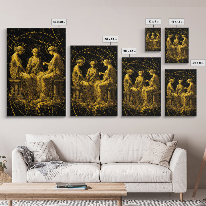 The Three Graces – Canvas Gold Canvas Print – Greek Goddess Wall Art with Real Wood Frame for Elegant Classical Room Decor
