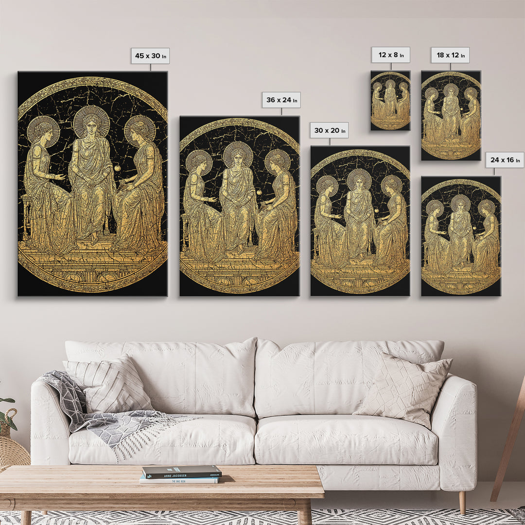 Golden Three Goddesses – Canvas Gold Canvas Print – Classical Greek Wall Art with Real Wood Frame for Mythology Lovers
