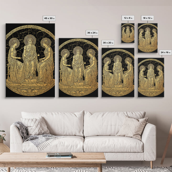 Golden Three Goddesses – Canvas Gold Canvas Print – Classical Greek Wall Art with Real Wood Frame for Mythology Lovers