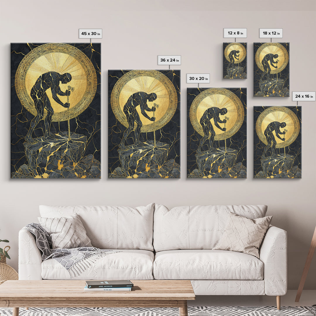 Man with Sword and Sun – Canvas Gold Canvas Print – Heroic Mythology Wall Art with Real Wood Frame for Powerful Home Accent