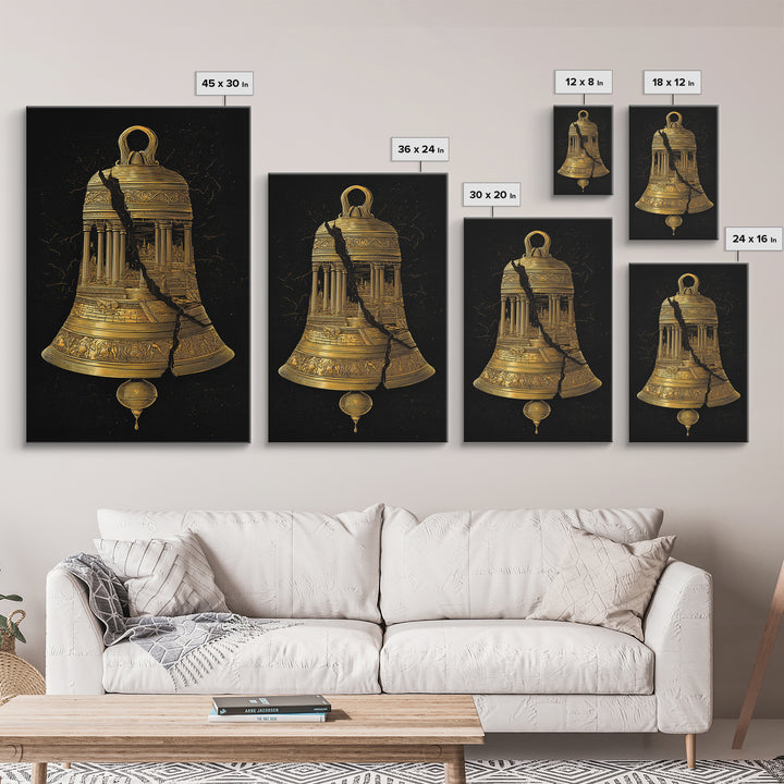 Cracked Temple Bell – Canvas Gold Canvas Print – Ancient Ruins Wall Art with Real Wood Frame for History and Myth Lovers