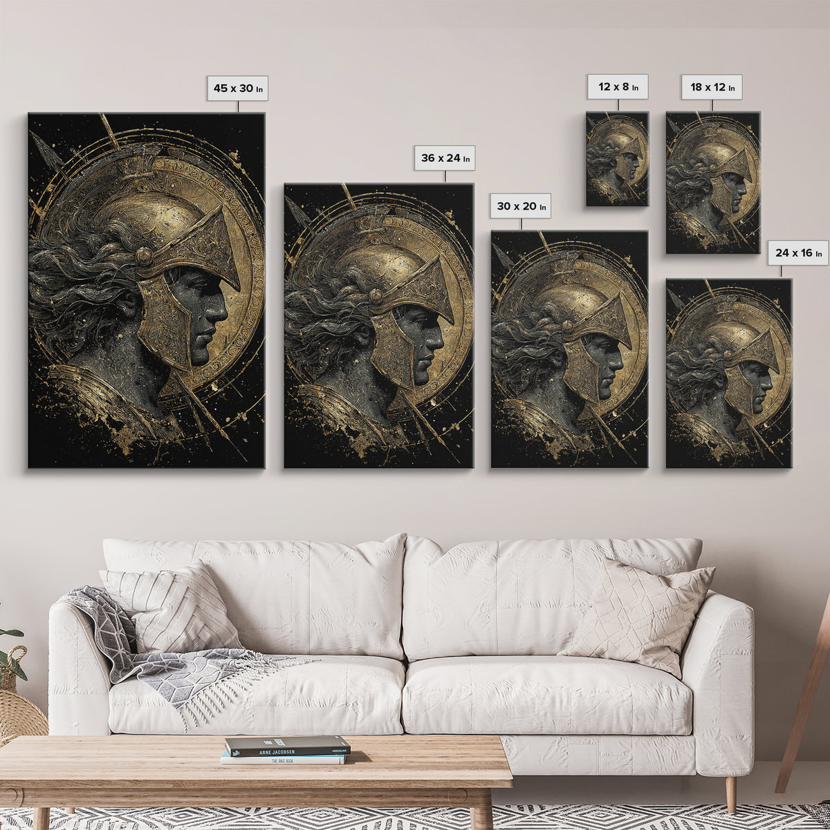 Greek Warrior Profile, Canvas Gold Canvas Print, Ancient Mythology Wall Art, Real Wood Frame Decor, Luxury Hero Artwork