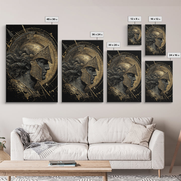 Greek Warrior Profile, Canvas Gold Canvas Print, Ancient Mythology Wall Art, Real Wood Frame Decor, Luxury Hero Artwork