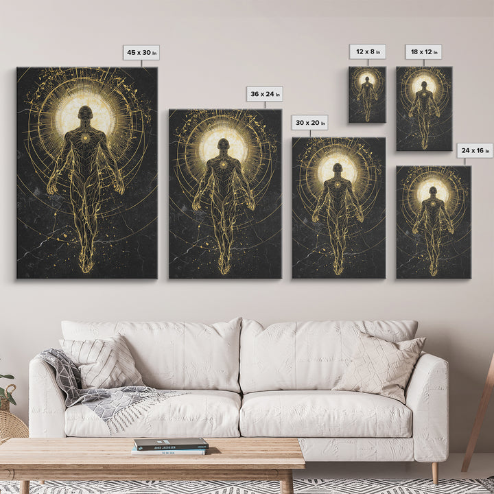 Divine Ascension Figure, Canvas Gold Art, Mythology Wall Print, Real Wood Frame Decor, Ancient Greek Inspired Canvas Artwork