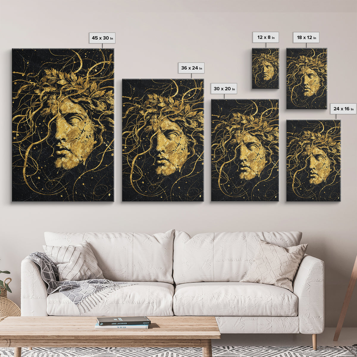 Apollo Greek Statue Canvas Gold Canvas Print, Mythological Music And Light Inspired Art, Real Wood Framed Wall Decoration