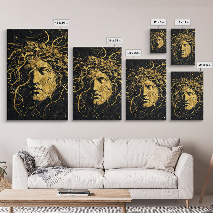 Apollo Greek Statue Canvas Gold Canvas Print, Mythological Music And Light Inspired Art, Real Wood Framed Wall Decoration