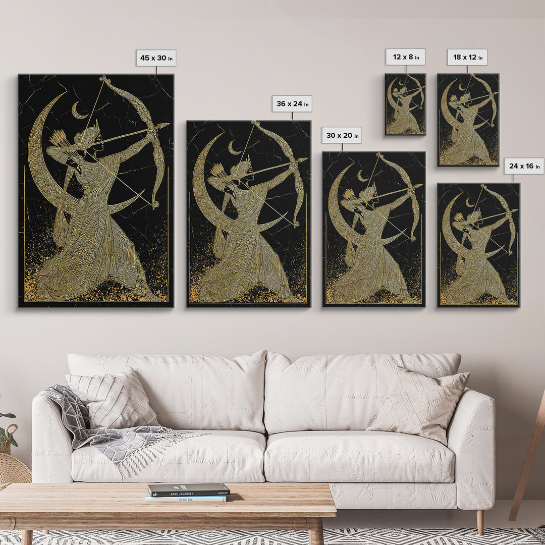 Artemis Lunar Goddess Archery Scene, Canvas Gold Art Print, Real Wood Frame, Mythology Wall Art, Elegant Greek Decor