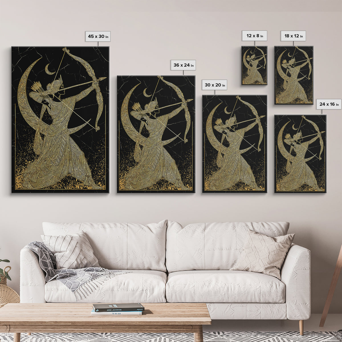 Artemis Lunar Goddess Archery Scene, Canvas Gold Art Print, Real Wood Frame, Mythology Wall Art, Elegant Greek Decor