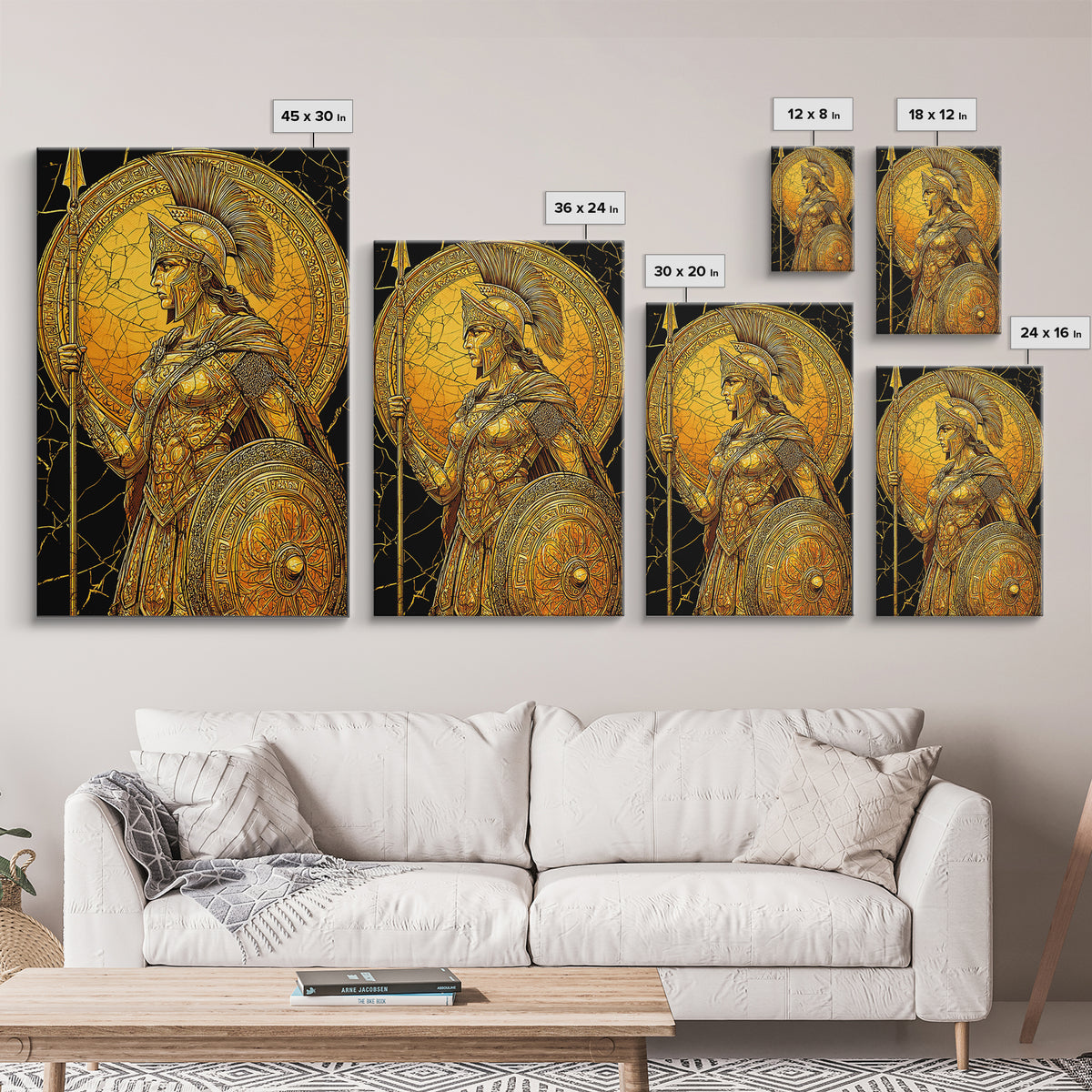 Athena Warrior Goddess With Spear And Shield, Canvas Gold Canvas Print, Real Wood Frame, Greek Myth Wall Art, Strength Decor