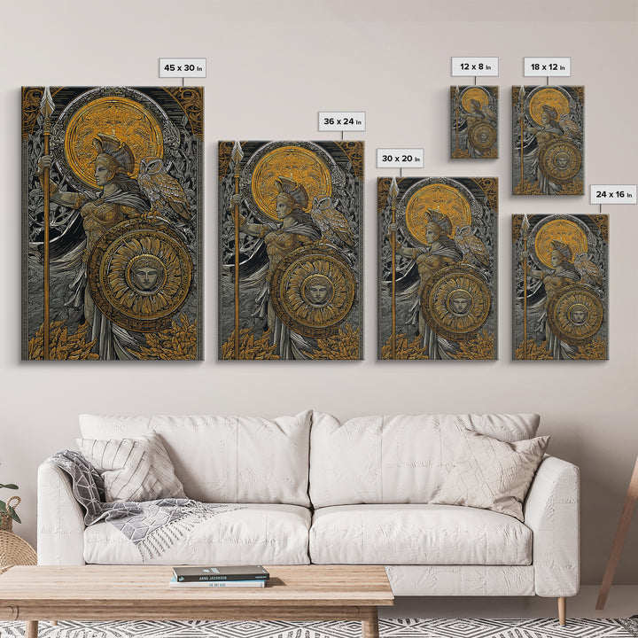 Athena With Owl Wisdom Goddess Art, Canvas Gold Art Print, Real Wood Frame, Greek Mythology Wall Hanging, Protection Decor