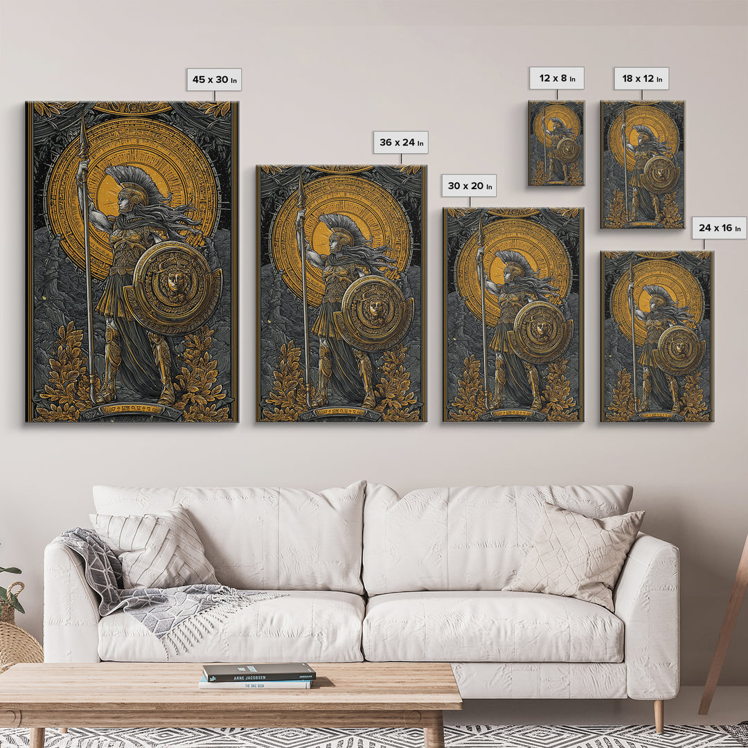 Athena Goddess Of War And Wisdom, Canvas Gold Canvas Print, Real Wood Frame, Greek Warrior Wall Art, Mythology Inspired Decor