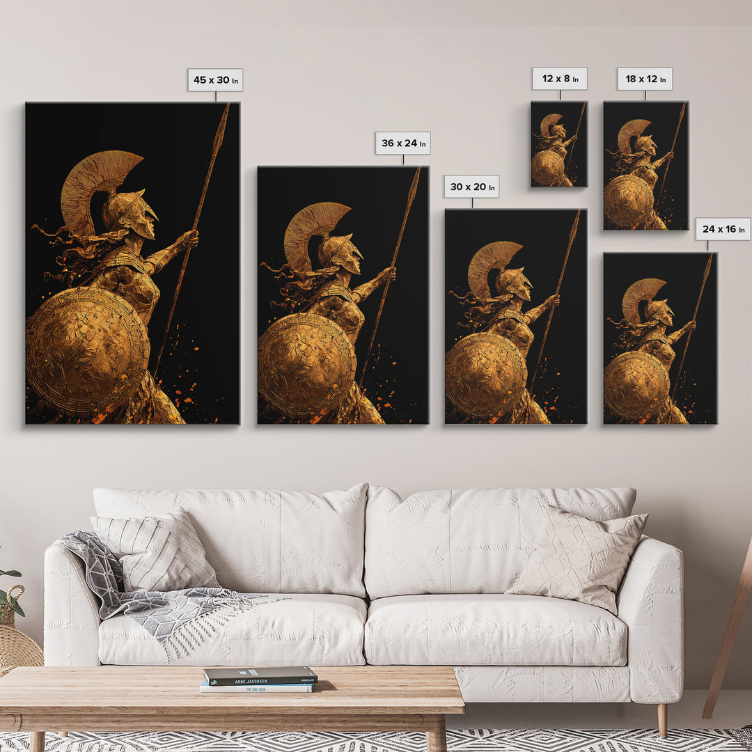 Athena Warrior Goddess With Spear And Shield, Canvas Gold Canvas Print, Real Wood Frame, Greek Mythology Wall Art