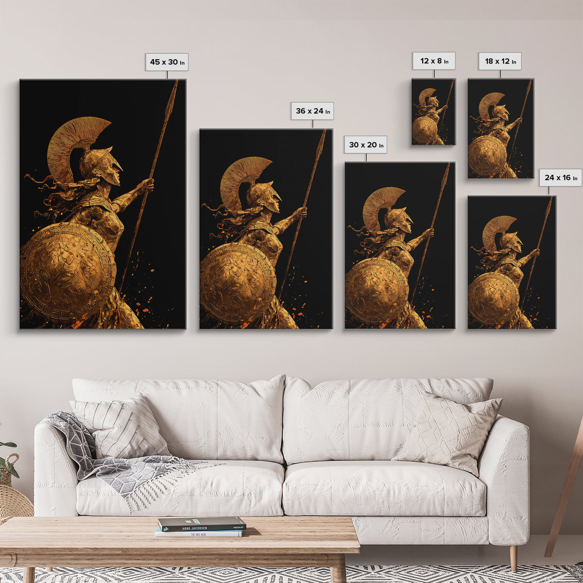 Athena Warrior Goddess With Spear And Shield, Canvas Gold Canvas Print, Real Wood Frame, Greek Mythology Wall Art