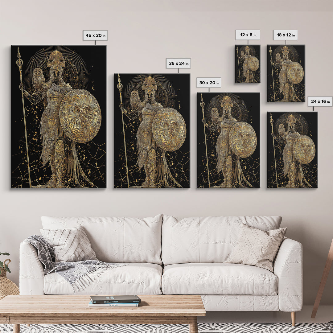 Athena With Owl And Shield Of Wisdom, Canvas Gold Art Print, Real Wood Frame, Ancient Greek Mythology Warrior Decor