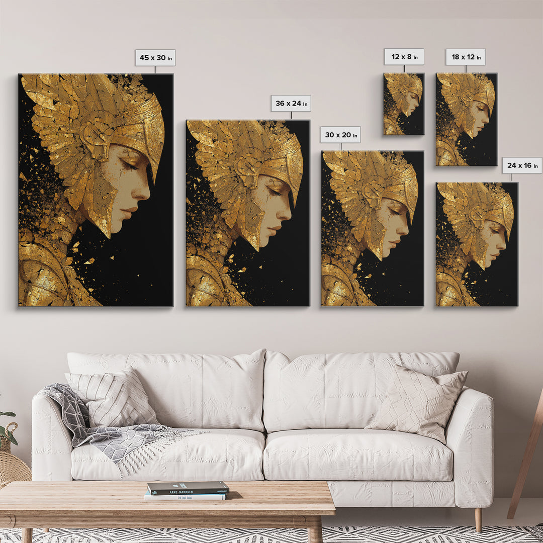 Athena Close Up Portrait In Armor, Canvas Gold Canvas Print, Real Wood Frame, Greek Goddess Warrior Mythology Wall Art