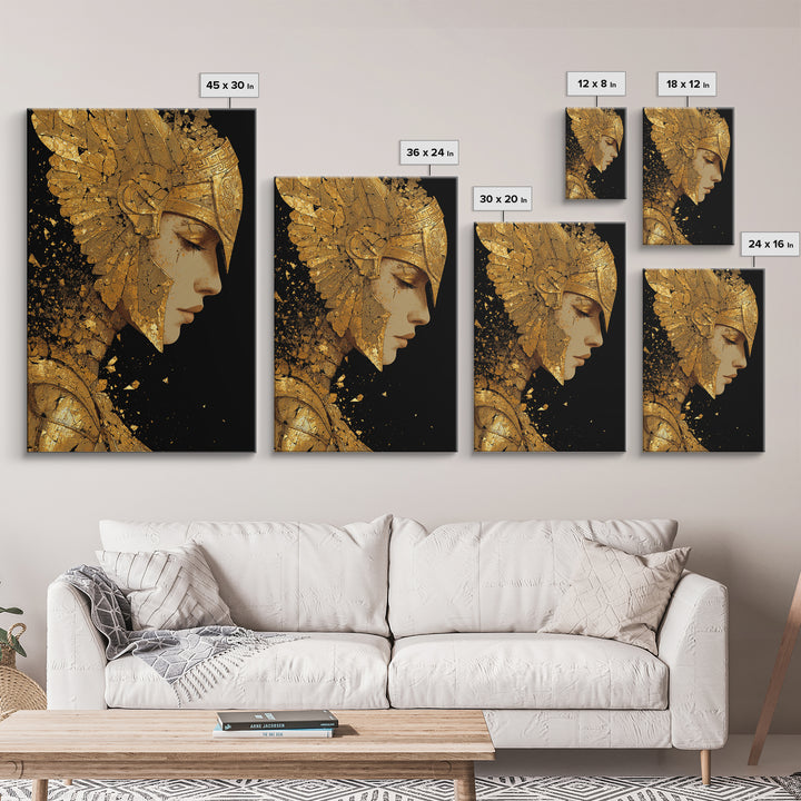 Athena Close Up Portrait In Armor, Canvas Gold Canvas Print, Real Wood Frame, Greek Goddess Warrior Mythology Wall Art