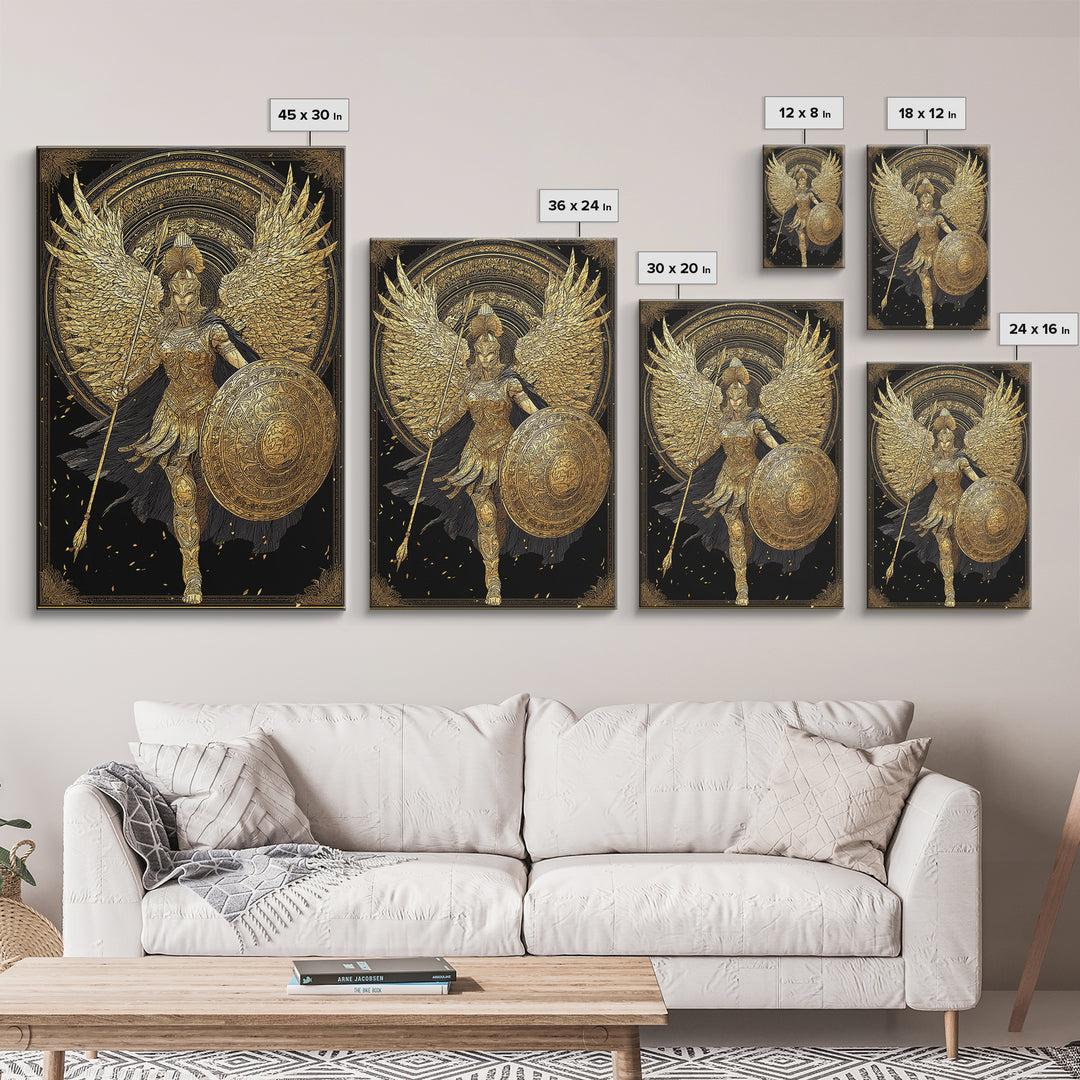 Athena Winged Warrior Goddess With Shield, Canvas Gold Art Print, Real Wood Frame, Greek Mythology Goddess Wall Decor