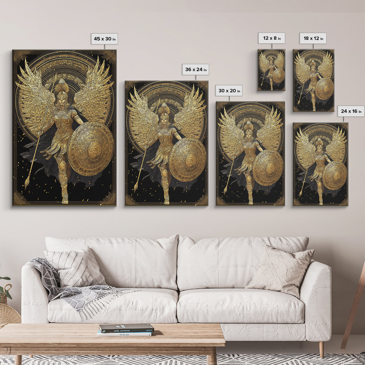 Athena Winged Warrior Goddess With Shield, Canvas Gold Art Print, Real Wood Frame, Greek Mythology Goddess Wall Decor
