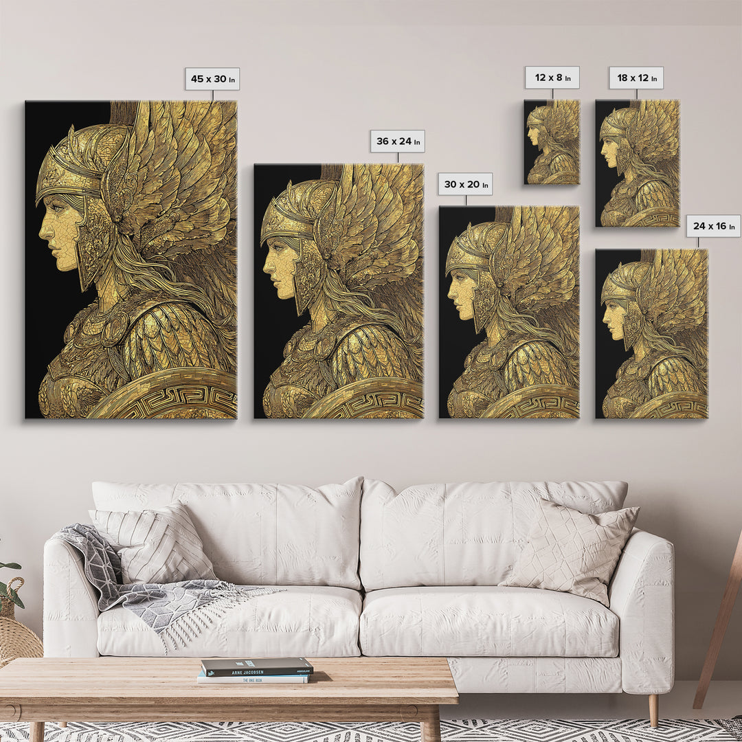 Athena Warrior Goddess Profile With Wings, Canvas Gold Art Print, Real Wood Frame, Greek Mythology Goddess Wall Art