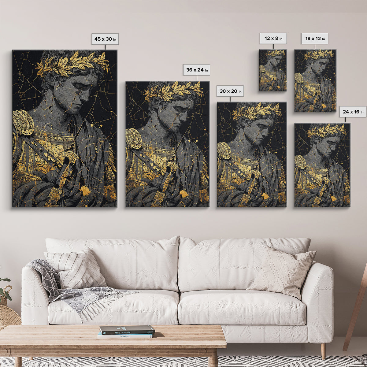 Roman Emperor Bust With Laurel Crown, Canvas Gold Canvas Print, Classical Sculpture Wall Art, Real Wood Frame Home Decor
