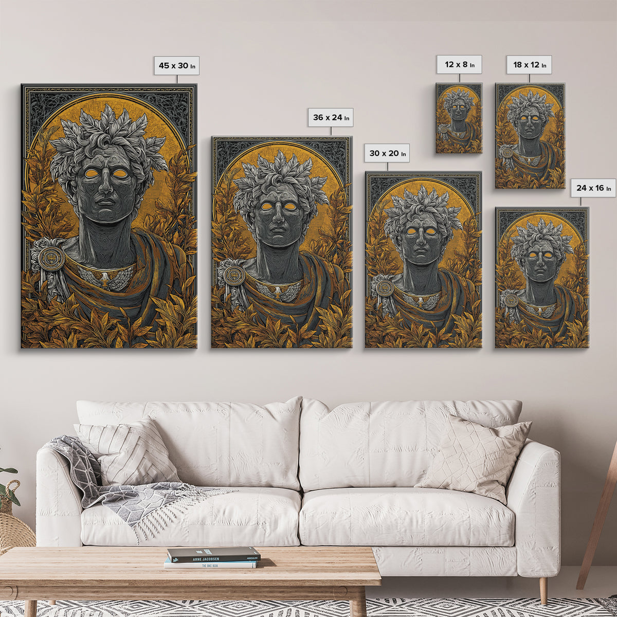 Apollo God Bust Surrounded By Laurel Leaves, Canvas Gold Art Print, Greek Mythology Wall Decor, Real Wood Frame Artwork