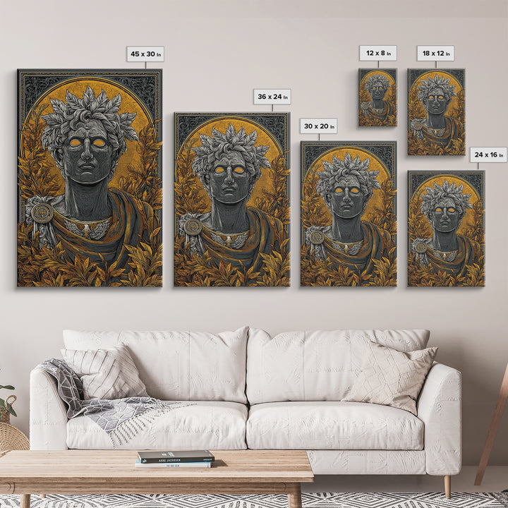 Apollo God Bust Surrounded By Laurel Leaves, Canvas Gold Art Print, Greek Mythology Wall Decor, Real Wood Frame Artwork