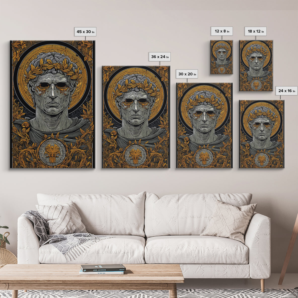 Caesar Inspired Roman Bust, Canvas Gold Canvas Print, Ancient Rome Decorative Wall Art, Mythology Style, Real Wood Frame