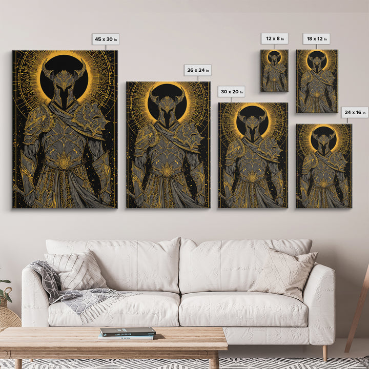 Warrior In Ornate Armor With Glowing Halo, Canvas Gold Canvas Print, Medieval Fantasy Knight Artwork, Real Wood Frame Decor