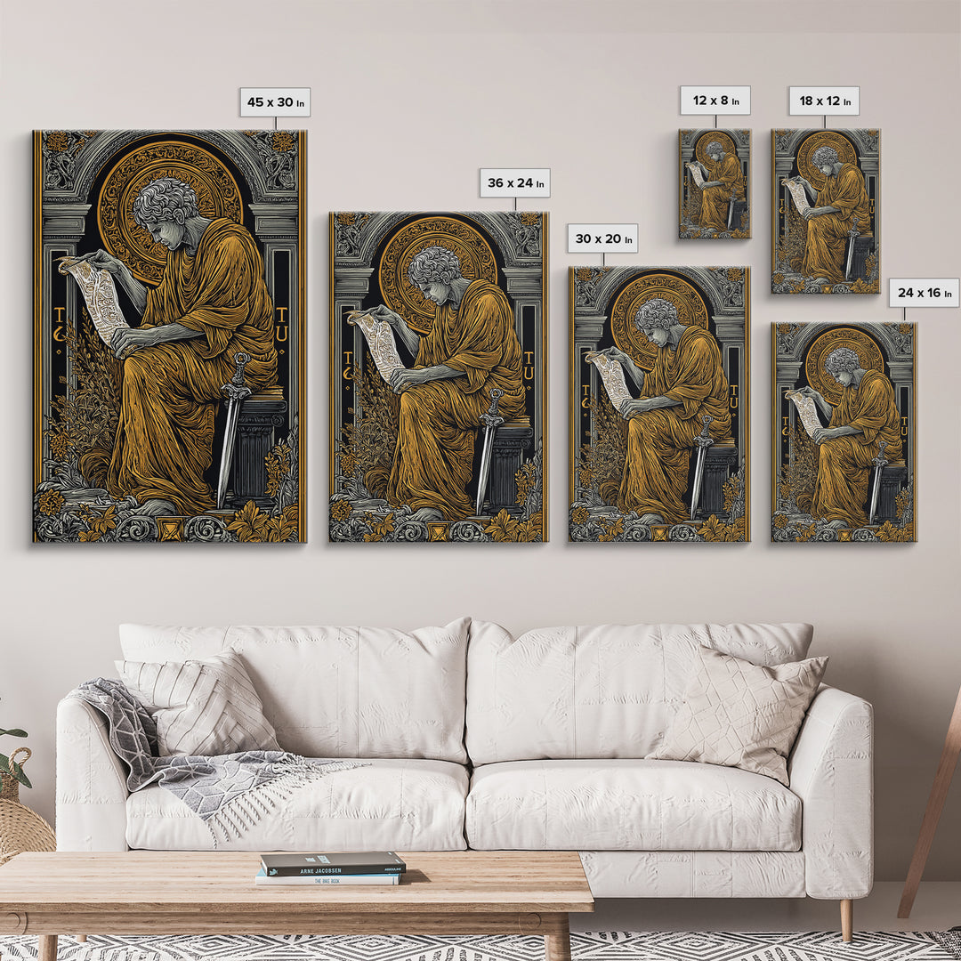Scholar Reading Ancient Scroll, Canvas Gold Art Print, Roman Inspired Decorative Wall Art, Mythology Style, Real Wood Frame