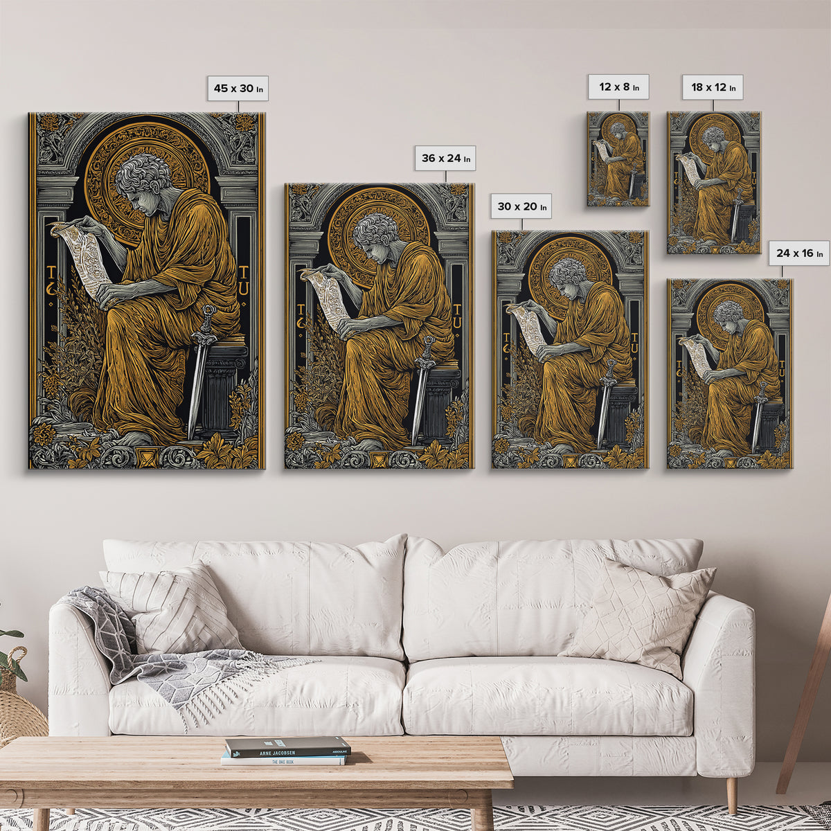 Scholar Reading Ancient Scroll, Canvas Gold Art Print, Roman Inspired Decorative Wall Art, Mythology Style, Real Wood Frame